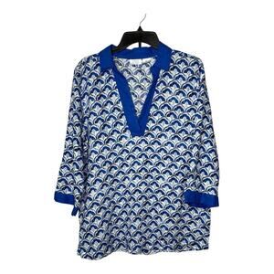 Sigrid Olsen Linen Top Womens Large Blue Geometric Collared Lagenlook 3/4 Sleeve